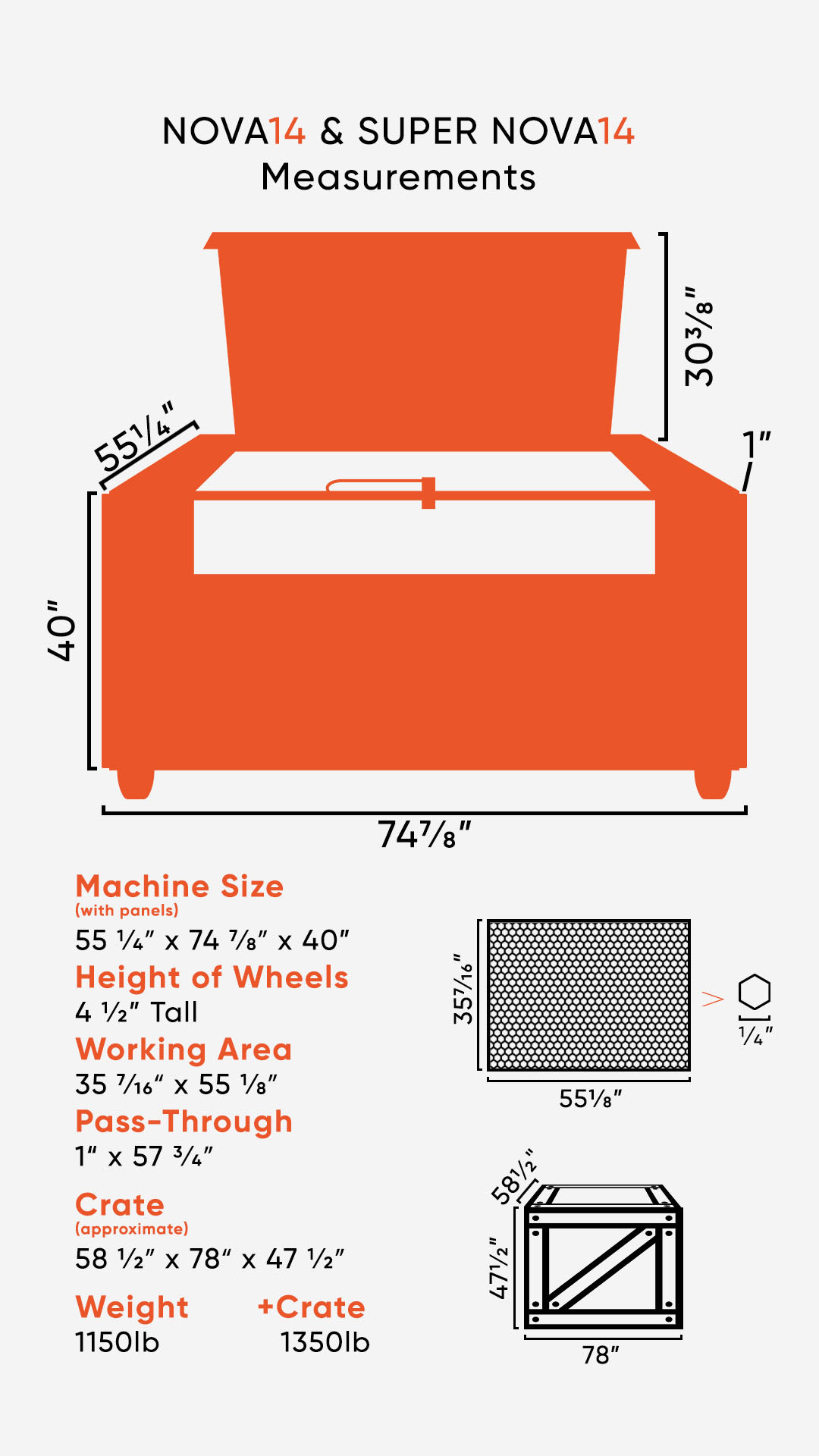 Graphic showing the dimensions of the Super NOVA 14 laser, crate size, and weight info