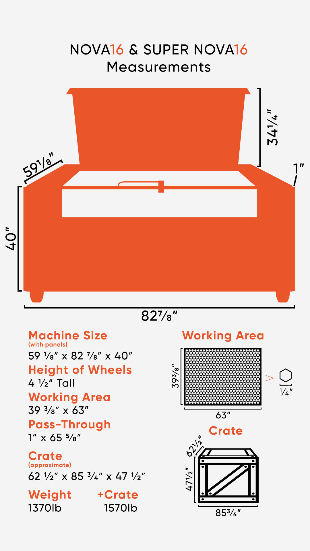 Graphic showing the dimensions of the Super NOVA 16 laser, crate size, and weight info
