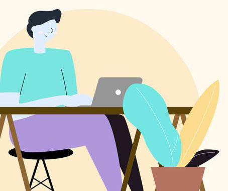 graphic of a genderless person sitting at a table with a laptop and a cute house plant.