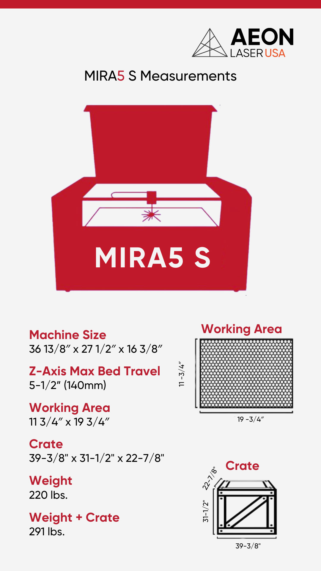 Graphic showing the dimensions of the MIRA 5 S laser, crate size, and weight info