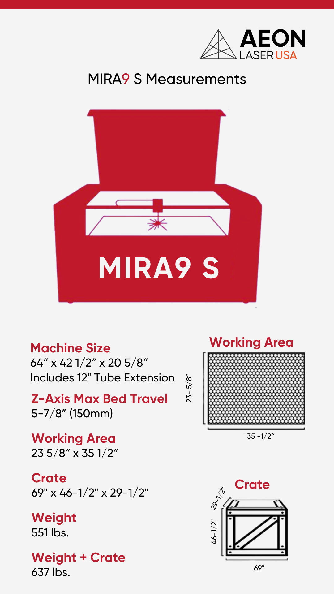 Graphic showing the dimensions of the MIRA 9 S laser, crate size, and weight info