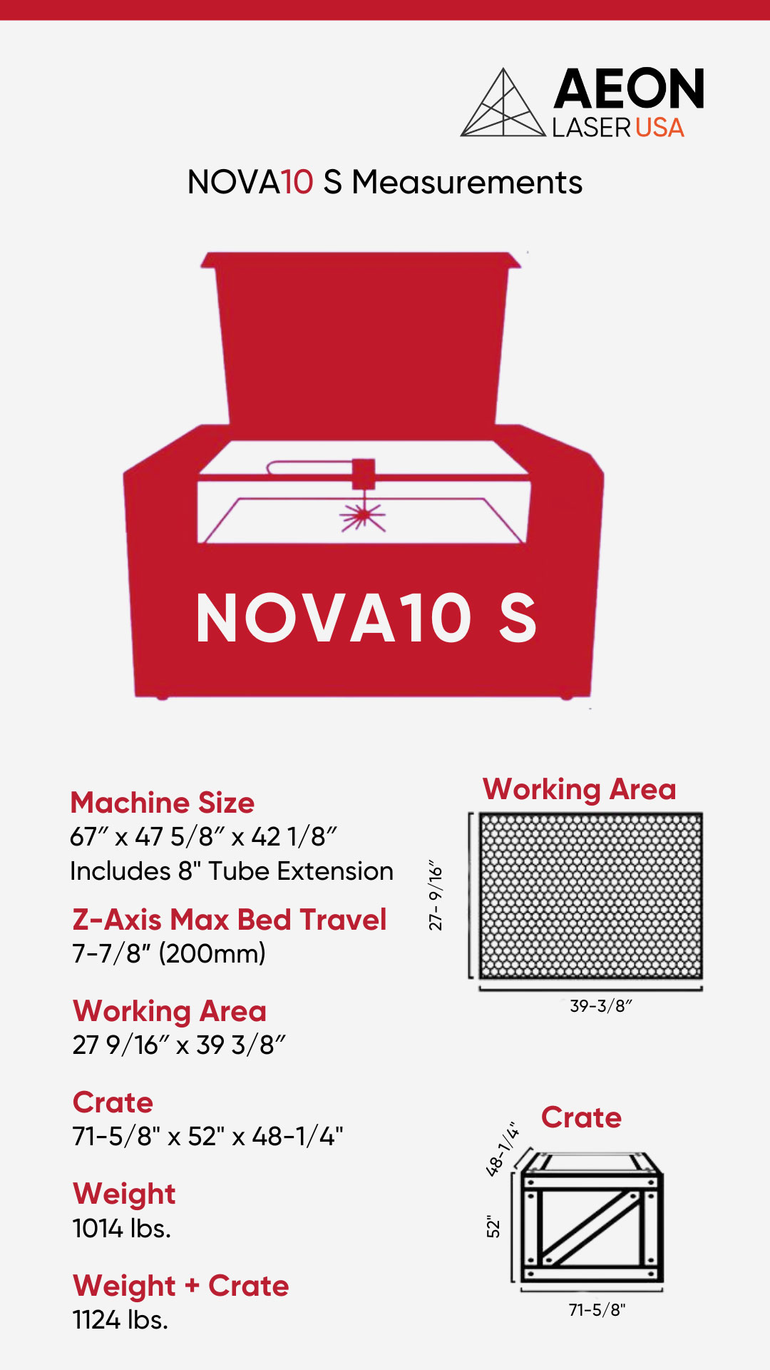 Graphic showing the dimensions of the NOVA 10 S laser, crate size, and weight info