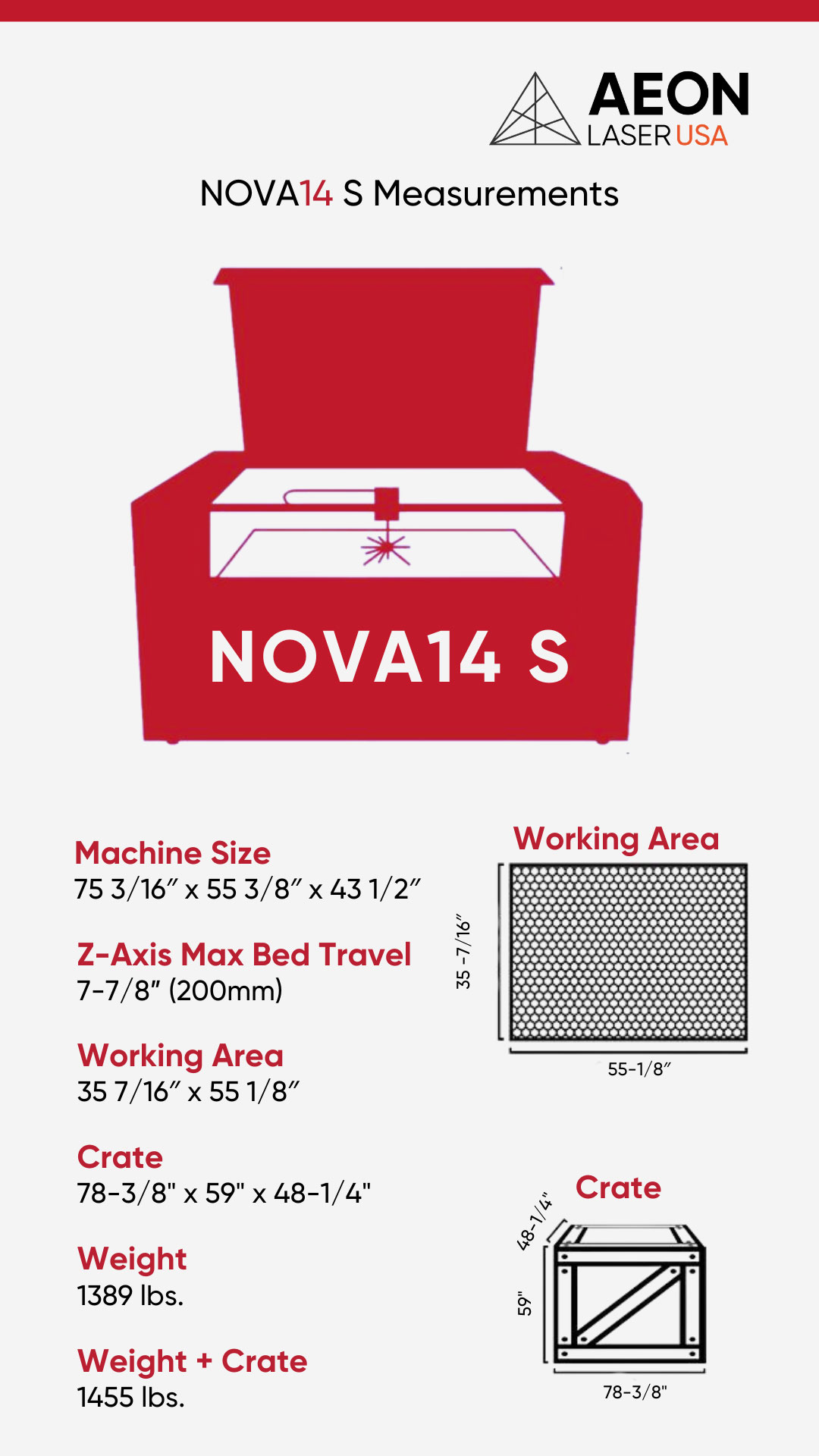 Graphic showing the dimensions of the NOVA 14 S laser, crate size, and weight info