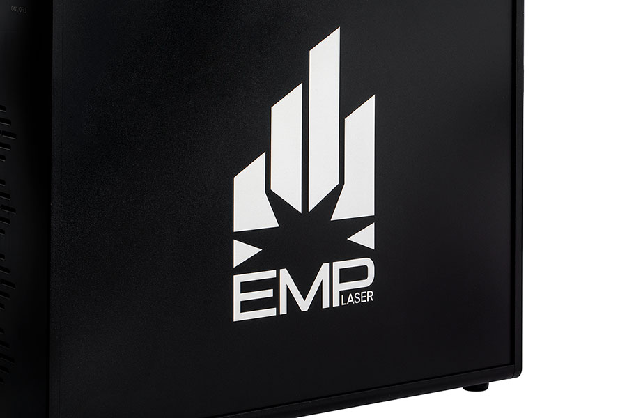 EMP Fiber Galvo Laser, close up of EMP logo on cabinet