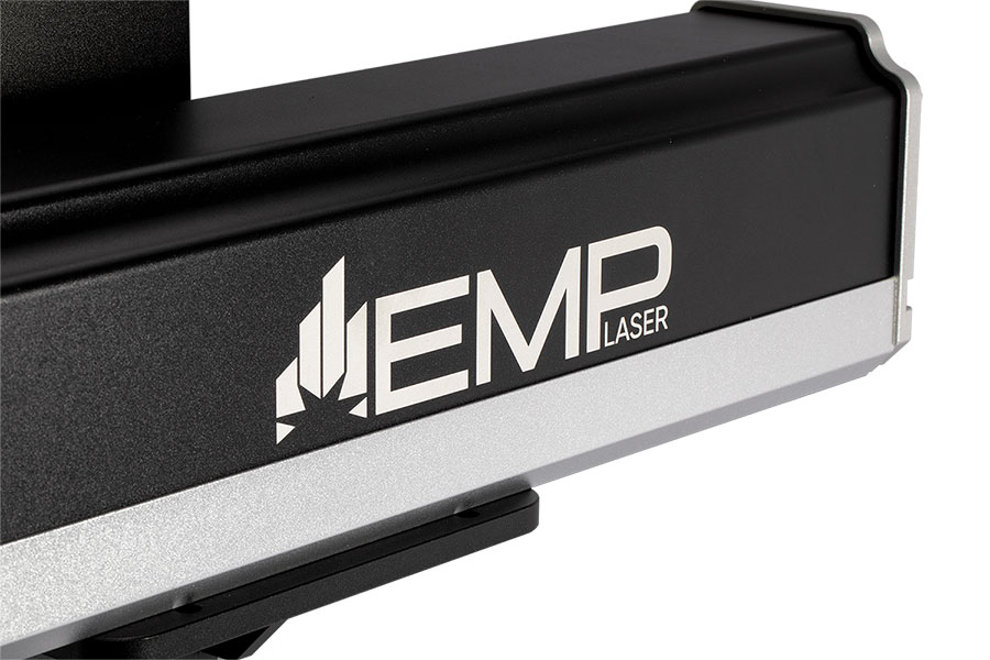 EMP Fiber Galvo Laser, close up of EMP logo on arm