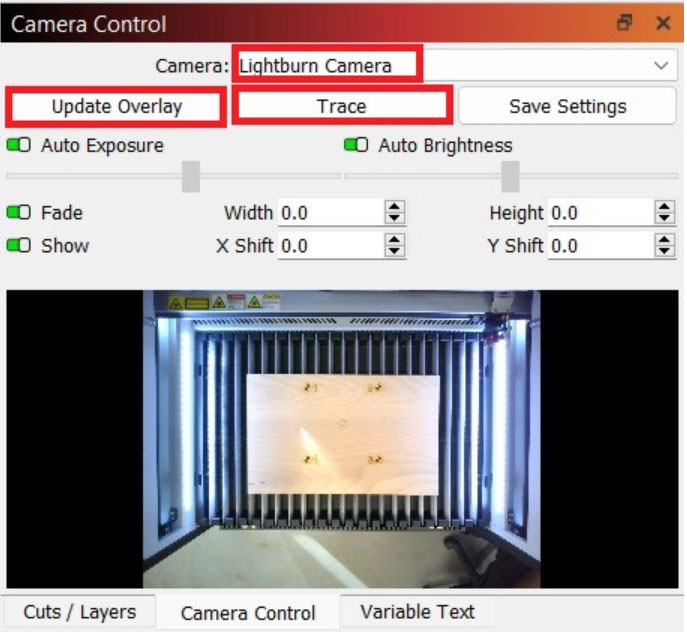 Select Lightburn Camera or Aeon Camera from dropdown