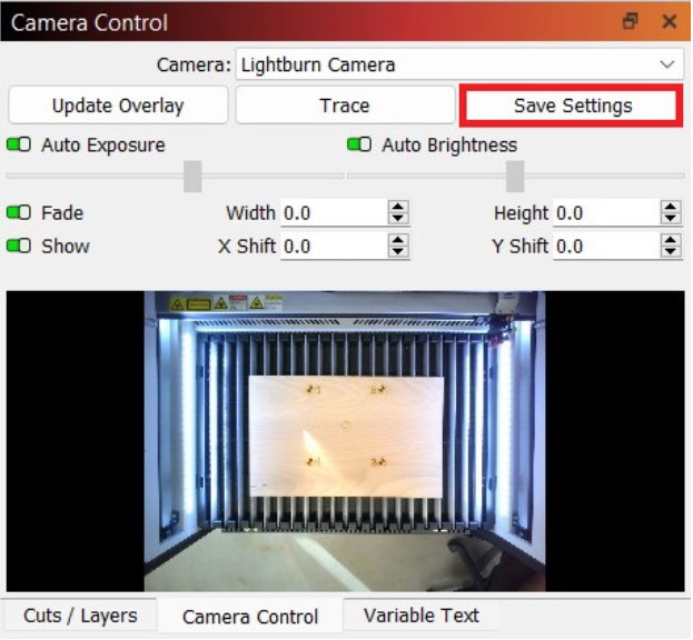 Select Lightburn Camera or Aeon Camera from dropdown and then Save Settings