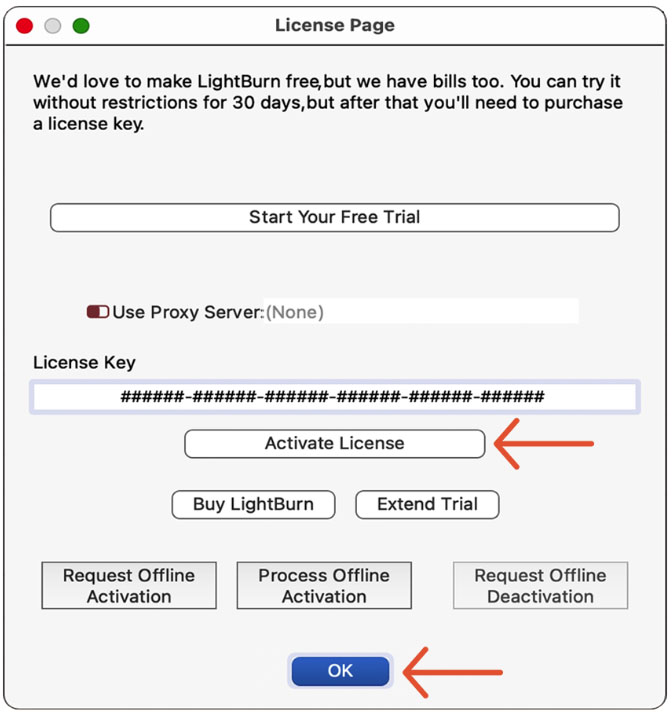 License Page window 