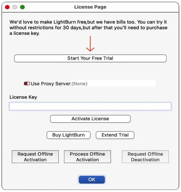 License Page window 