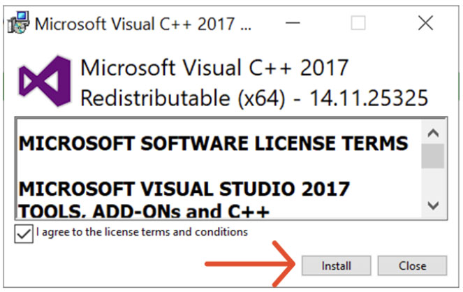 Microsoft Visual license terms and conditions window