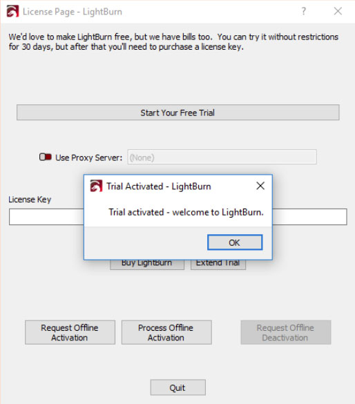 LightBurn License page