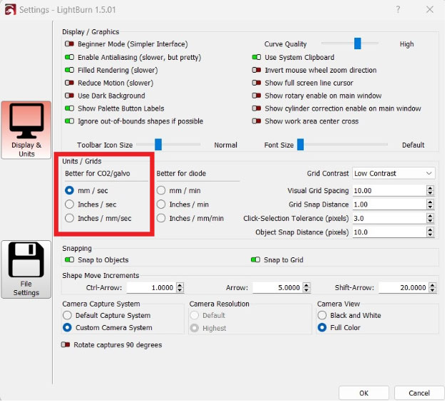 LightBurn - Unit/Grid Setting