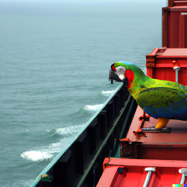 a parrot on a ship carrying orange containers