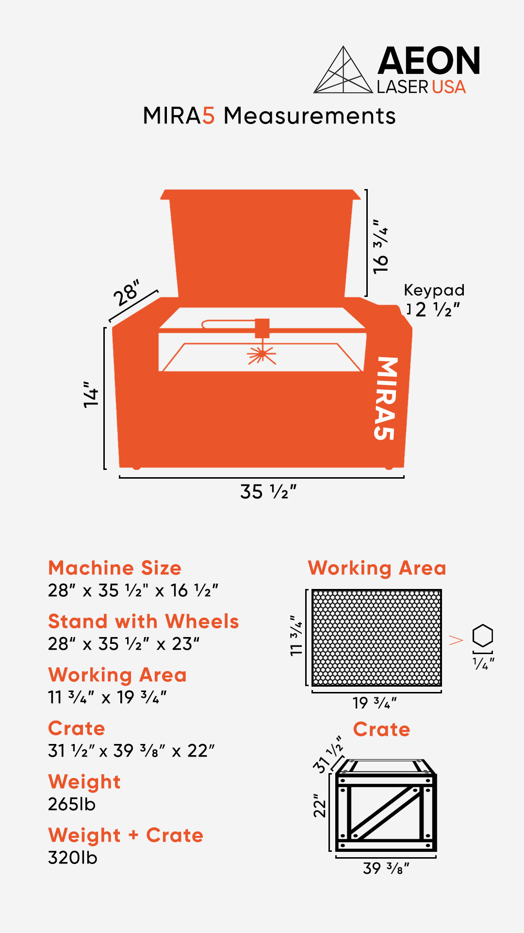 Graphic showing the dimensions of the MIRA 5 laser, crate size, and weight info