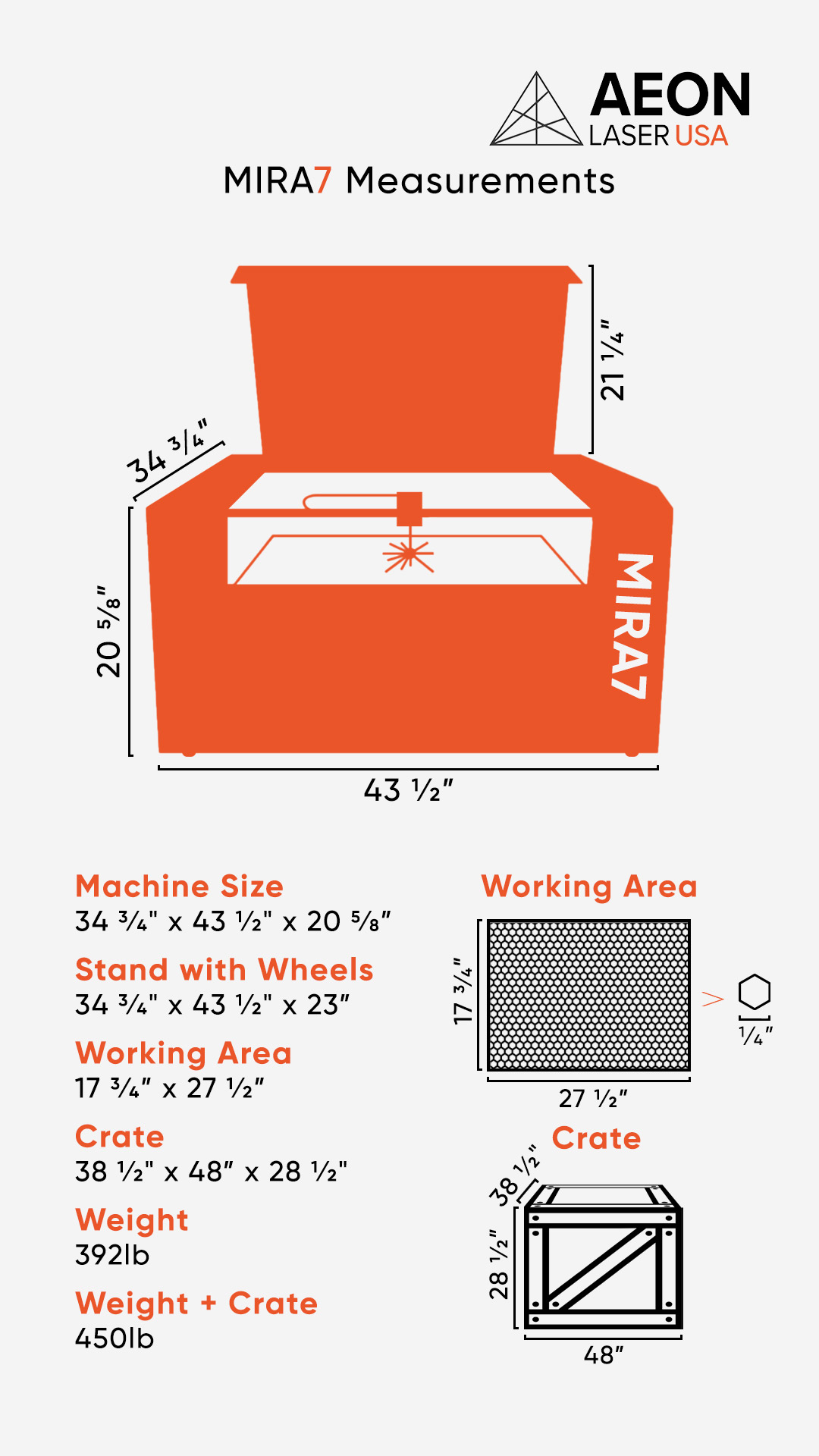 Graphic showing the dimensions of the Aeon MIRA 7 laser, crate size, and weight info