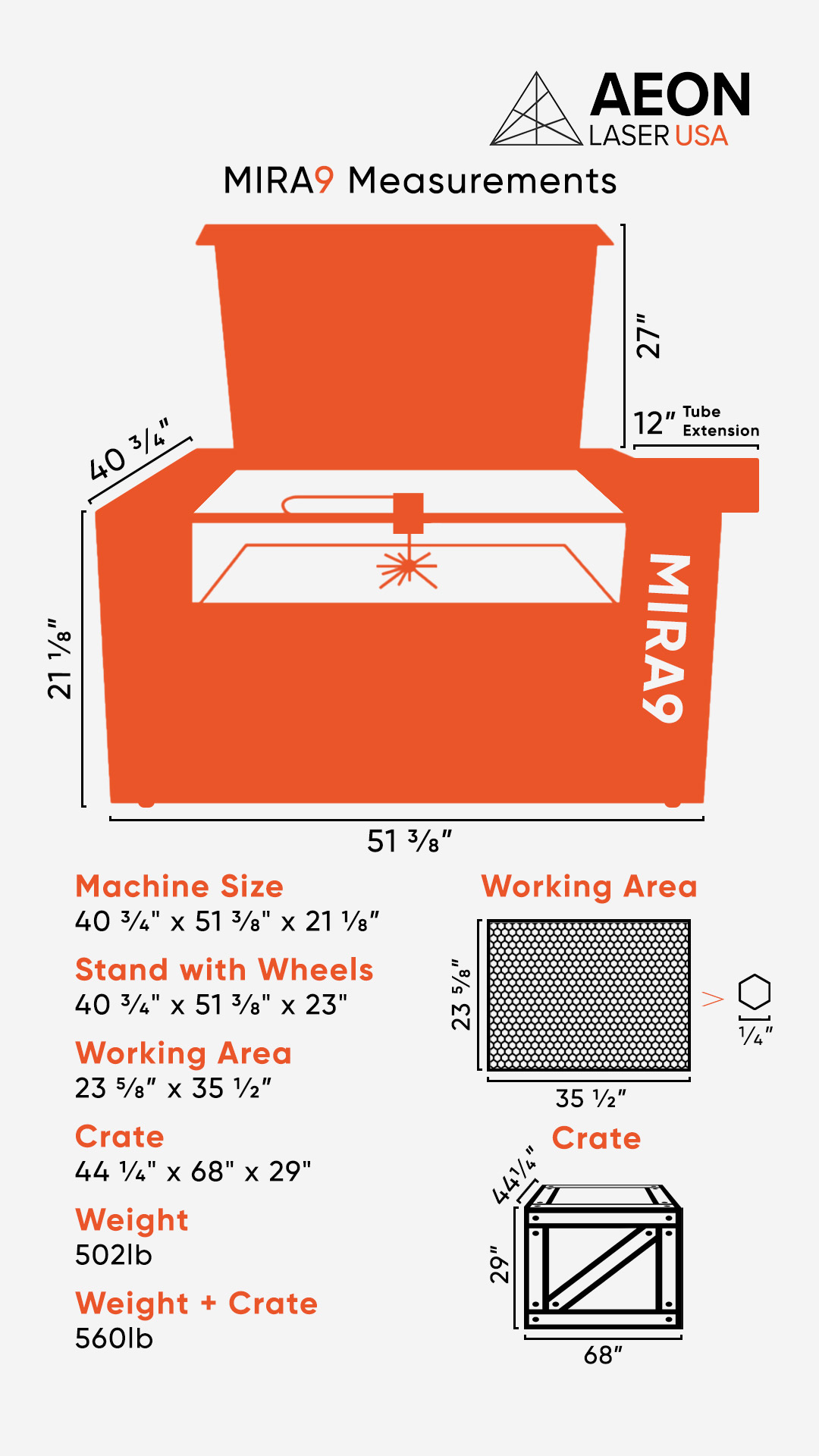 Graphic showing the dimensions of the Aeon MIRA 9 laser, crate size, and weight info