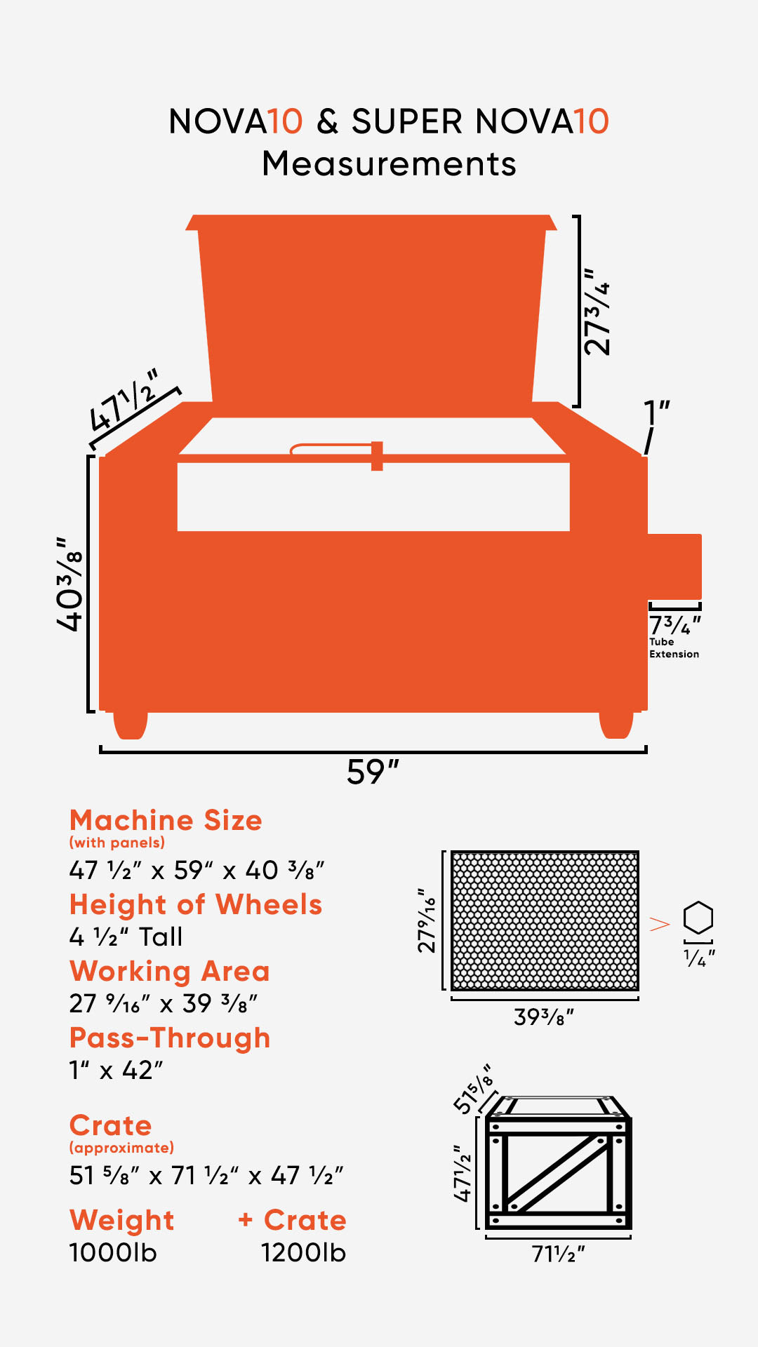 Graphic showing the dimensions of the NOVA 10 laser, crate size, and weight info