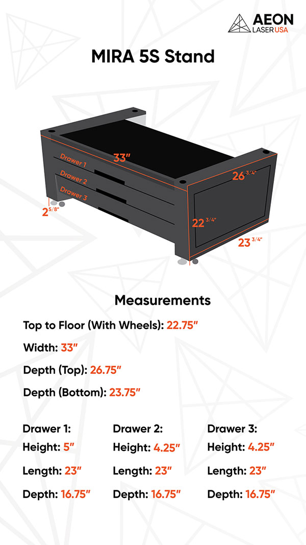 Graphic showing the dimensions of the MIRA 5 S stand