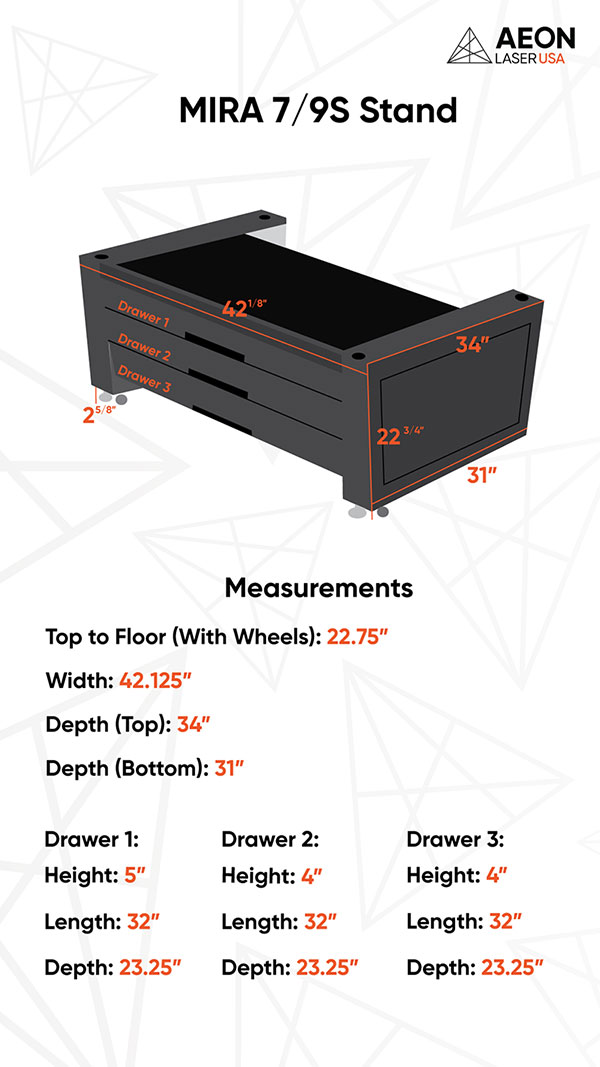 Graphic showing the dimensions of the MIRA7 or MIRA9 S stand