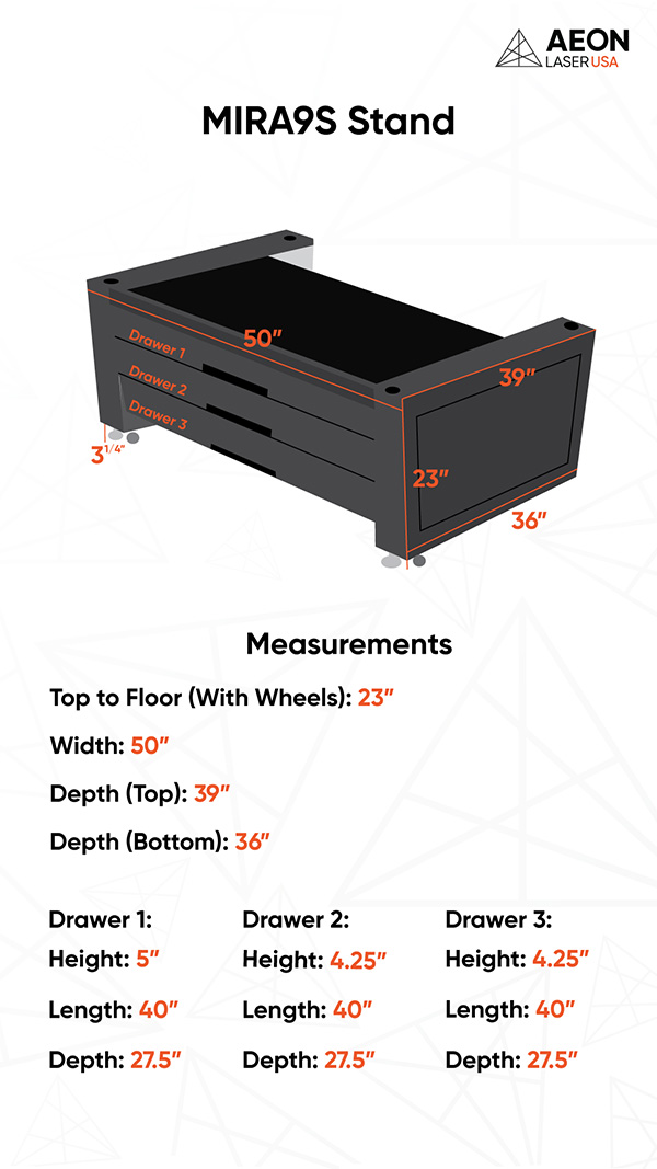 Graphic showing the dimensions of the MIRA9 S stand